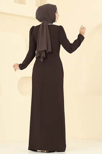 moda selvim فستان سهرة بني غامق 8116ABK1075 - Thumbnail