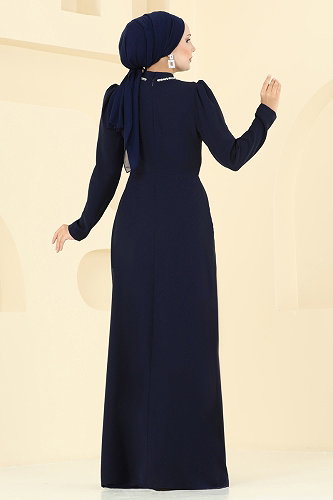 moda selvim Evening Dress 8116ABK1075 Dark Navy Blue - Thumbnail