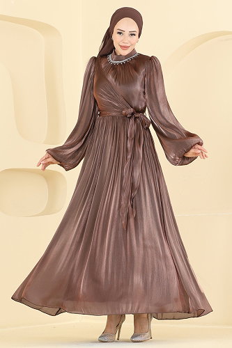 moda selvim Evening Dress 8162AB368 Brown with Milk - Thumbnail