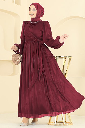 moda selvim Evening Dress 8162AB368 Burgundy - Thumbnail