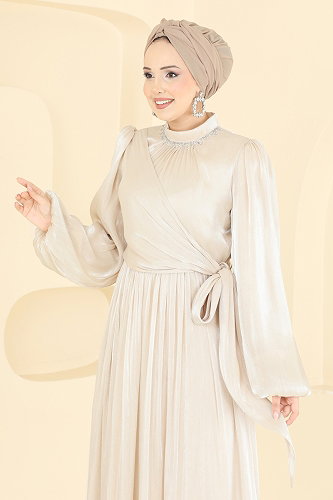 moda selvim Evening Dress 8162AB368 Cream - Thumbnail