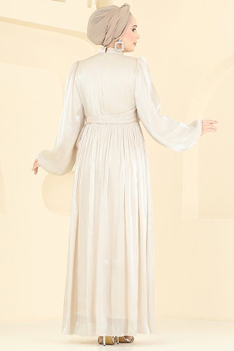 moda selvim فستان سهرة كريمي 8162AB368 - Thumbnail