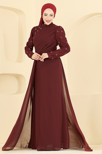 moda selvim Evening Dress 8248AB368 Burgundy - Thumbnail