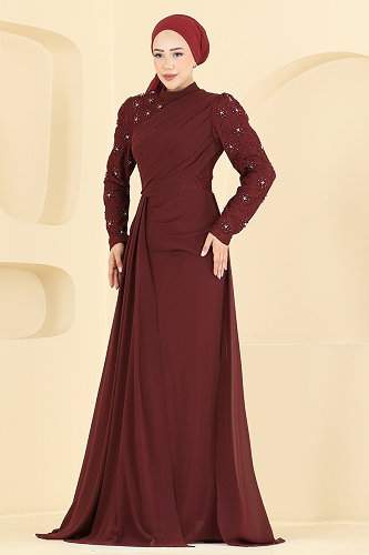 moda selvim Evening Dress 8248AB368 Burgundy - Thumbnail