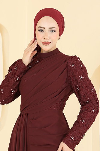 moda selvim Evening Dress 8248AB368 Burgundy - Thumbnail