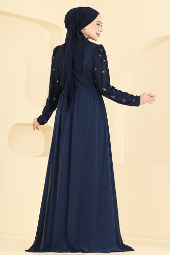 moda selvim Evening Dress 8248AB368 Navy Blue - Thumbnail