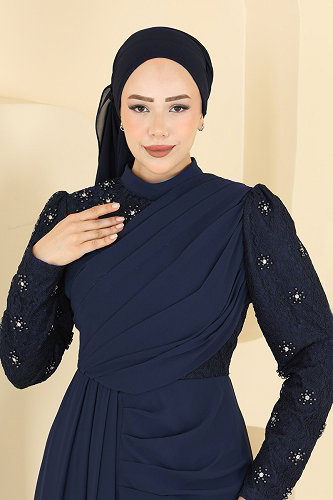 moda selvim فستان سهرة كحلي 8248AB368 - Thumbnail