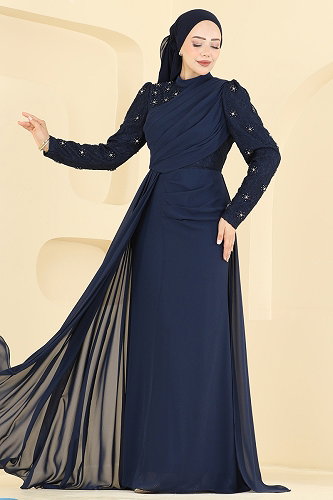 moda selvim فستان سهرة كحلي 8248AB368 - Thumbnail