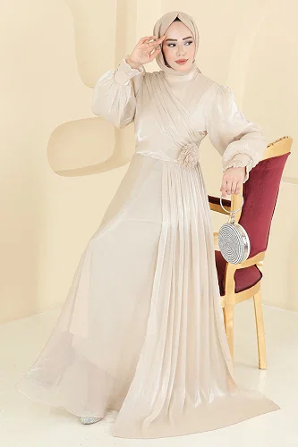 moda selvim Evening Dress 8267AB368 Cream - Thumbnail