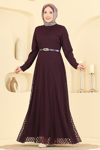 moda selvim Evening Dress 8282ABK1075 Damson - Thumbnail