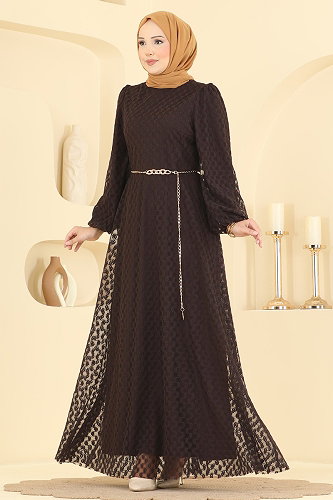 moda selvim فستان سهرة بني غامق 8346ABK1075 - Thumbnail