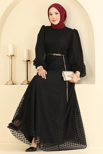 moda selvim فستان سهرة أسود 8346ABK1075 - Thumbnail