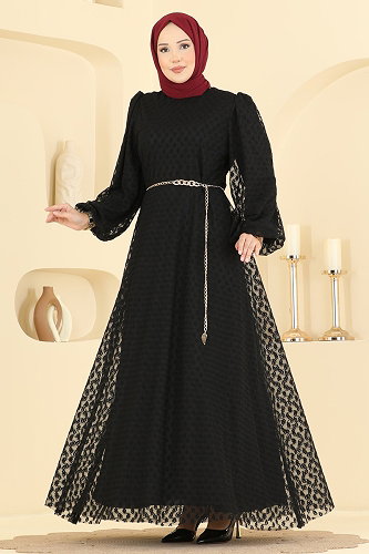 moda selvim فستان سهرة أسود 8346ABK1075 - Thumbnail