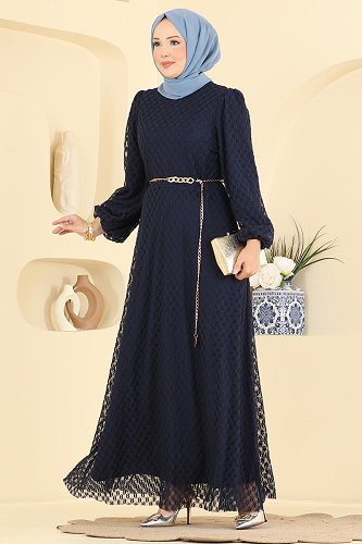 moda selvim Evening Dress 8346ABK1075 Navy Blue - Thumbnail