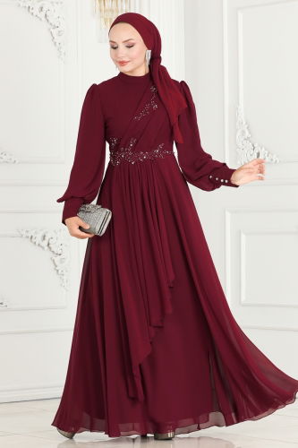 moda selvim Evening Dress ABY5652 Burgundy - Thumbnail