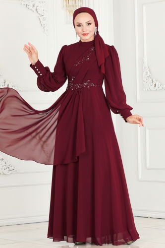 moda selvim EVENING DRESS ABY5652 Burgundy - Thumbnail