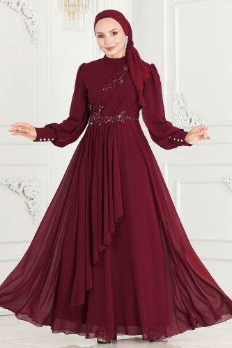 moda selvim Evening Dress ABY5652 Burgundy - Thumbnail