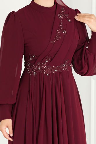 moda selvim Evening Dress ABY5652 Burgundy - Thumbnail