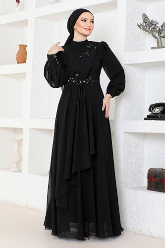 moda selvim فستان سهرة أسود نمط التمساح ABY5652-M - Thumbnail