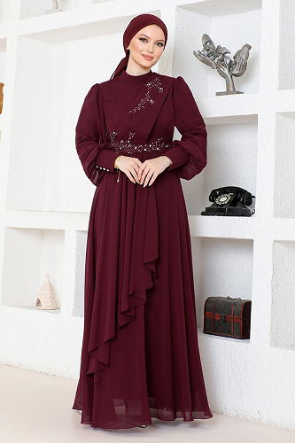 moda selvim فستان سهرة خمري ABY5652-M - Thumbnail