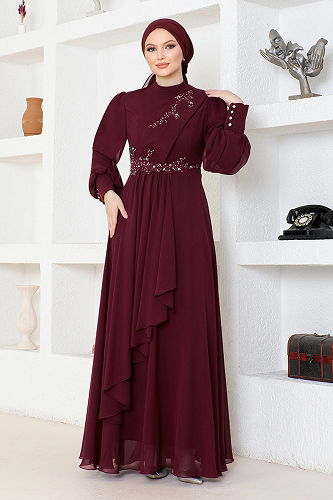 moda selvim فستان سهرة خمري ABY5652-M - Thumbnail