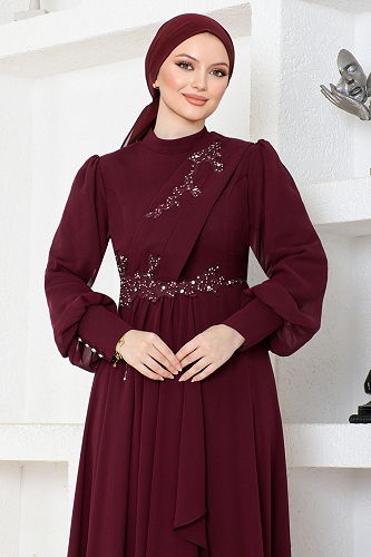 moda selvim فستان سهرة خمري ABY5652-M - Thumbnail