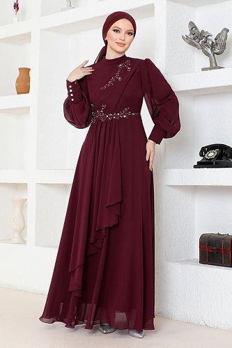 moda selvim فستان سهرة خمري ABY5652-M - Thumbnail