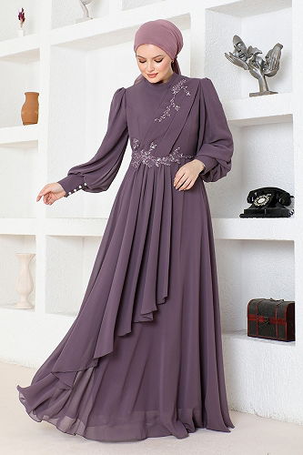 moda selvim فستان سهرة ليلكي غامق ABY5652-M - Thumbnail