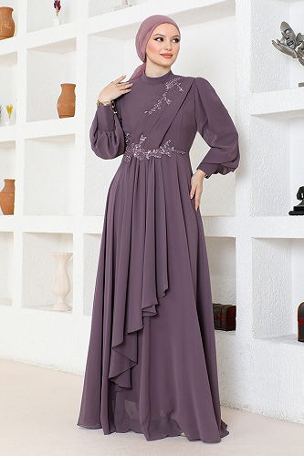 moda selvim فستان سهرة ليلكي غامق ABY5652-M - Thumbnail