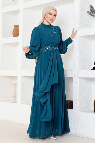 moda selvim فستان سهرة بترولي ABY5652-M - Thumbnail