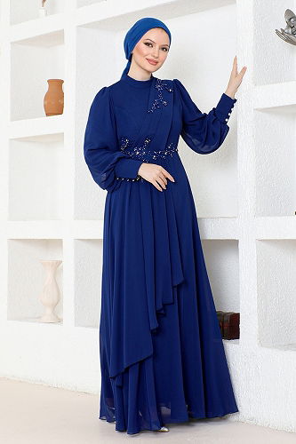 moda selvim فستان سهرة نيلي ABY5652-M - Thumbnail