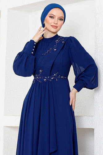 moda selvim فستان سهرة نيلي ABY5652-M - Thumbnail