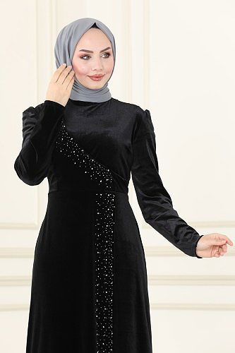 moda selvim فستان سهرة أسود ASM2407 - Thumbnail