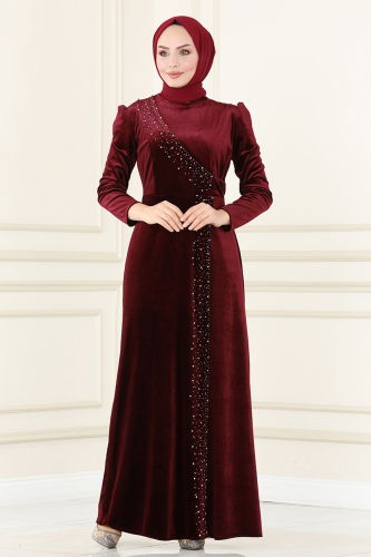 moda selvim EVENING DRESS ASM2407 Burgundy - Thumbnail