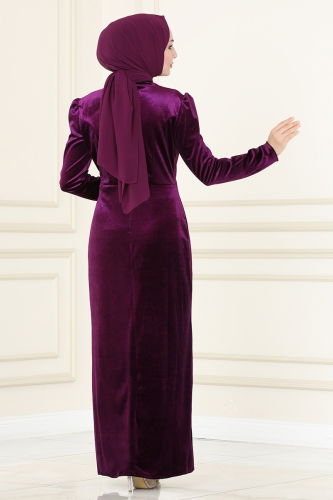 moda selvim Evening Dress ASM2407 Damson - Thumbnail