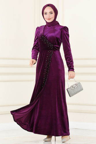 moda selvim Evening Dress ASM2407 Damson - Thumbnail