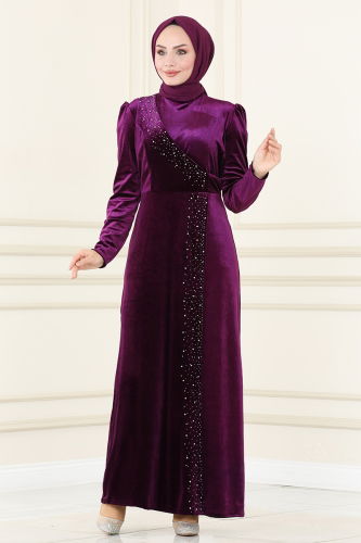 moda selvim Evening Dress ASM2407 Damson - Thumbnail