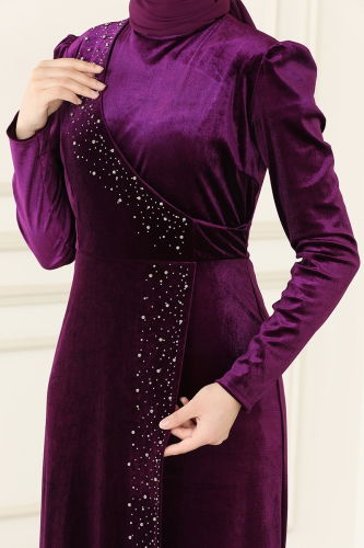 moda selvim Evening Dress ASM2407 Damson - Thumbnail