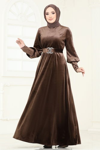 moda selvim Evening Dress ASM2414 Brown - Thumbnail