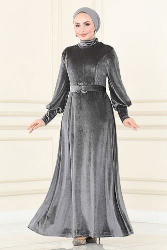 moda selvim فستان سهرة رمادي ASM2414 - Thumbnail