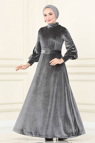 moda selvim فستان سهرة رمادي ASM2414 - Thumbnail