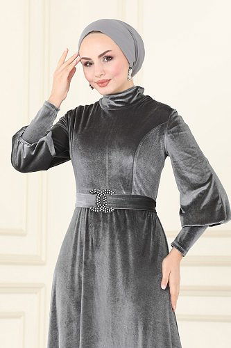 moda selvim فستان سهرة رمادي ASM2414 - Thumbnail