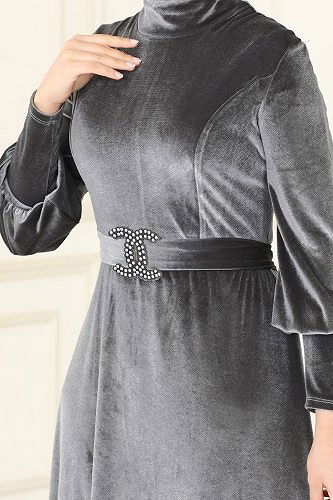 moda selvim فستان سهرة رمادي ASM2414 - Thumbnail