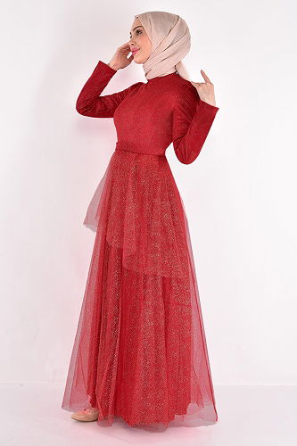 moda selvim EVENING DRESS ASM2471-M Burgundy - Thumbnail