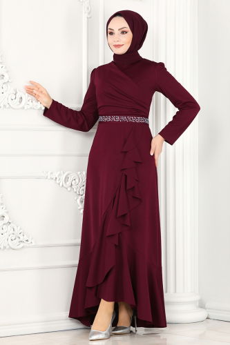 moda selvim Evening Dress ASM2497 Burgundy - Thumbnail