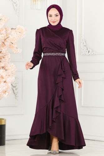 moda selvim Evening Dress ASM2497 Damson - Thumbnail