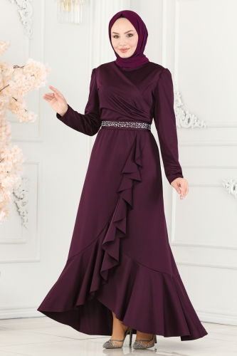 moda selvim Evening Dress ASM2497 Damson - Thumbnail