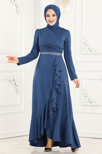 moda selvim Evening Dress ASM2497 Indigo - Thumbnail