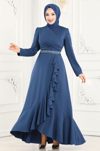 moda selvim Evening Dress ASM2497 Indigo - Thumbnail