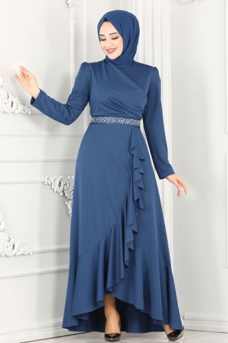 moda selvim Evening Dress ASM2497 Indigo - Thumbnail